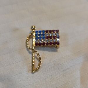 Gold American Flag Brooch with Red, Blue, and White Crystals